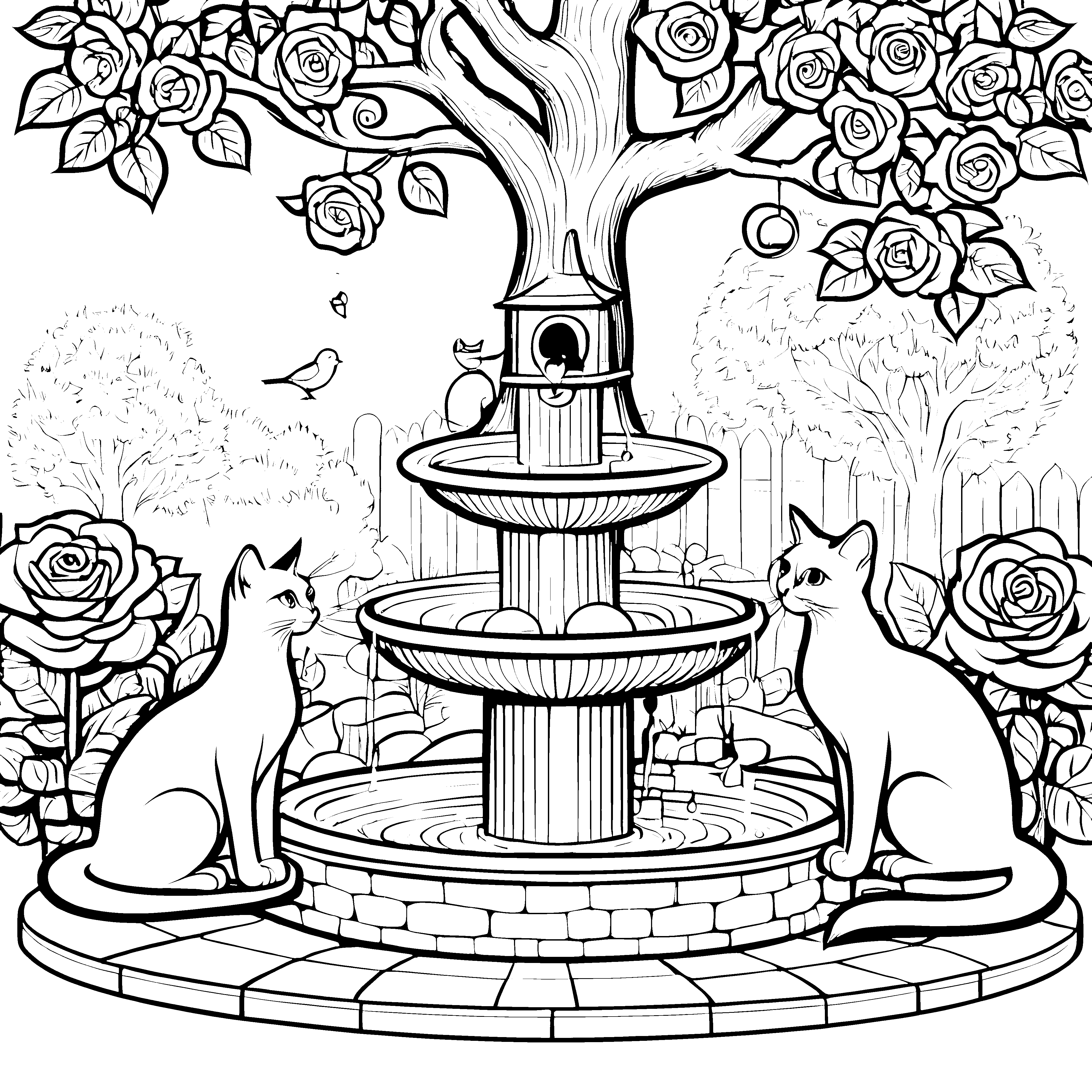 Schmusekatzen am sprudelnden Brunnen Ausmalmotiv für süße Tierfreunde