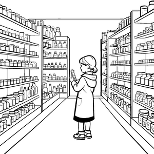 Verspieltes Mädchen im bunten Apothekenregal Ausmalbild für neugierige Entdecker