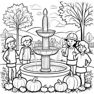 Fröhliche Kinder um bunten Kürbisbrunnen Ausmalvorlage für kleine Herbstfreunde