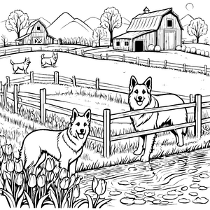 Fröhliche Hofhunde am plätschernden Wasserlauf Ausmalvorlage für neugierige Abenteurer