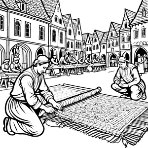 Kreative Weber bei der Teppichgestaltung Ausmalvorlage für neugierige Handwerker