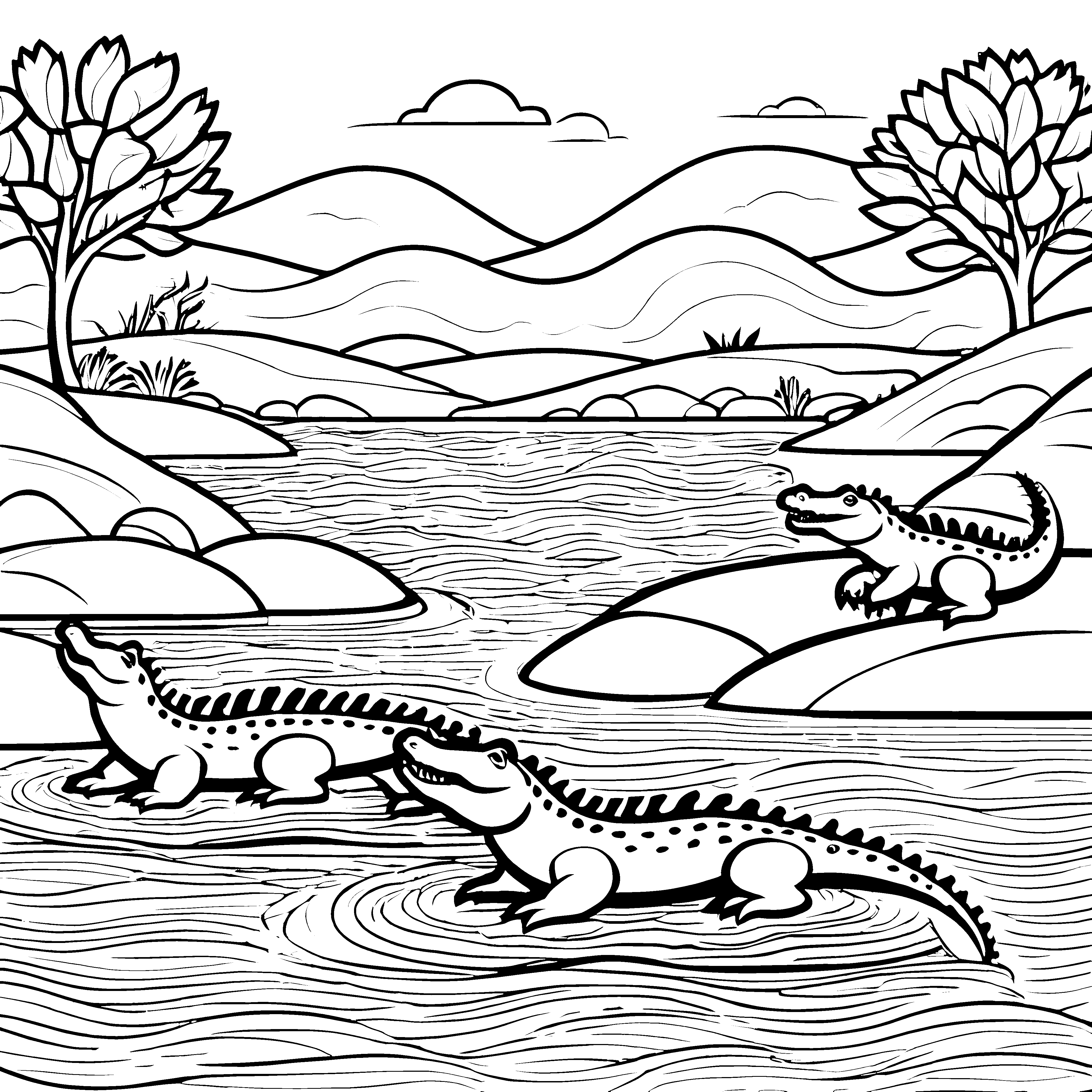 Sonnige Krokodile im spritzigen Wasser Ausmalvorlage für abenteuerlustige Naturfreunde