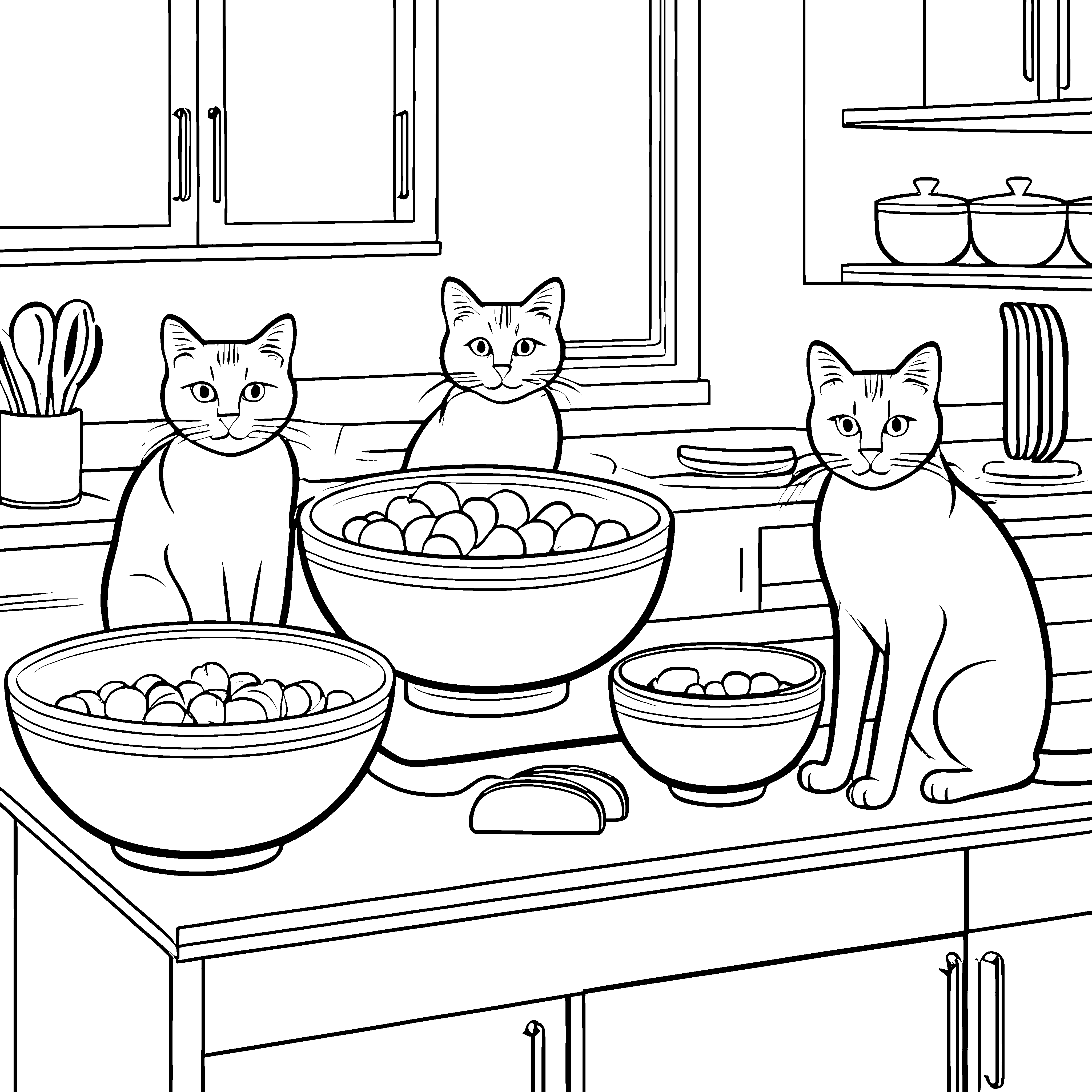 Kluge Katzen inspizieren geheimnisvolle Schüssel voller Leckereien Ausmalbild für neugierige Stubentiger
