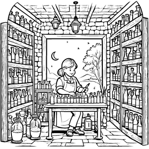 Kreative Apothekerin in geheimnisvollem Labor Ausmalvorlage für neugierige Erfinder