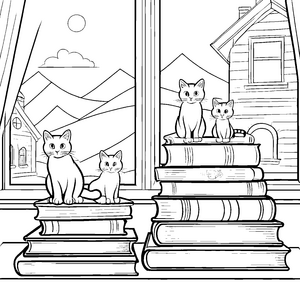 Katzenfreunde erkunden spannende Geschichten auf Bücherstapeln Ausmalvorlage für kreative Leseratten