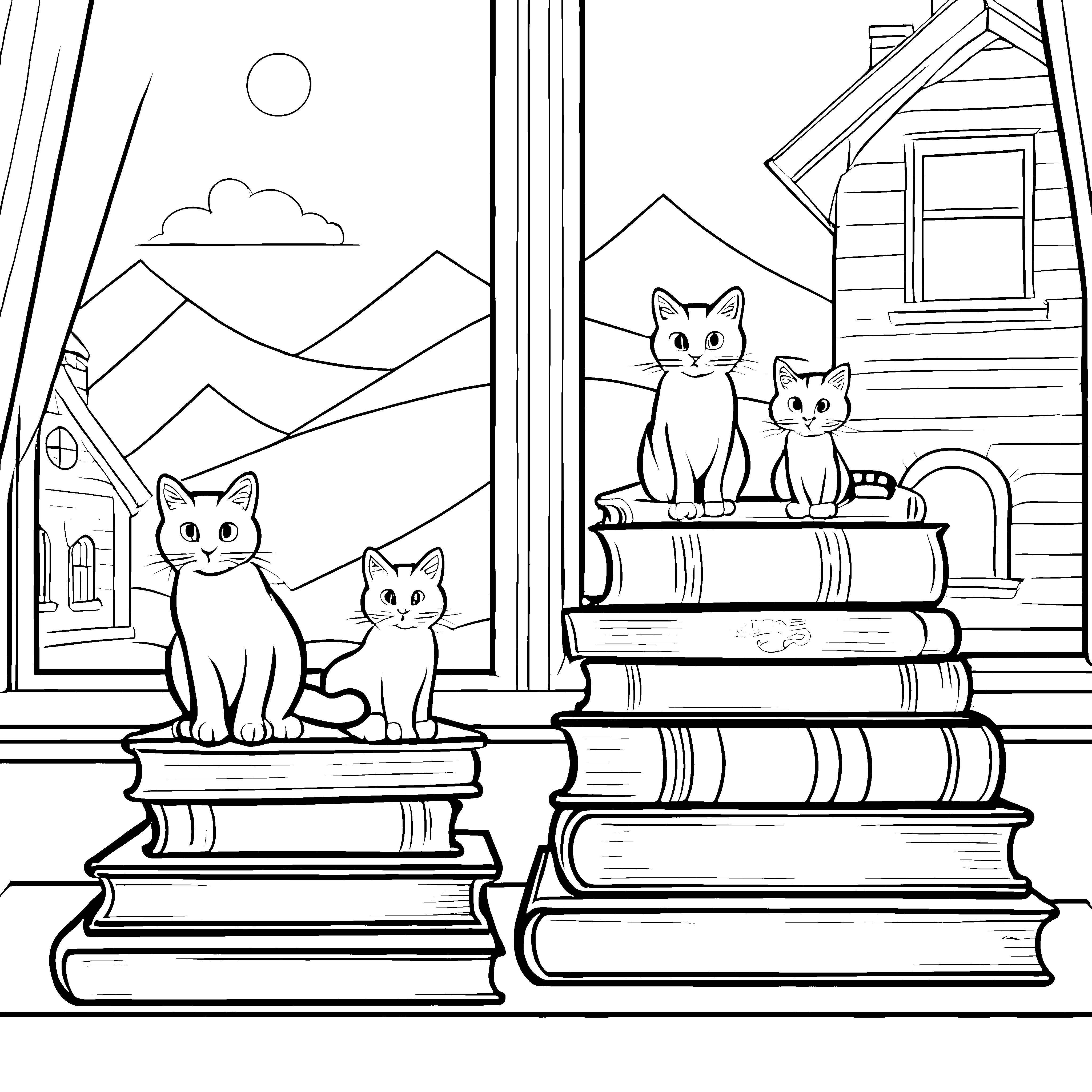 Katzenfreunde erkunden spannende Geschichten auf Bücherstapeln Ausmalvorlage für kreative Leseratten