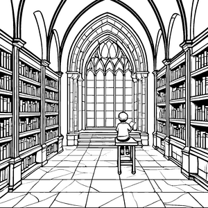Magische Bibliothekswelt mit fantasievollem Leser Ausmalbild für wissbegierige Entdecker