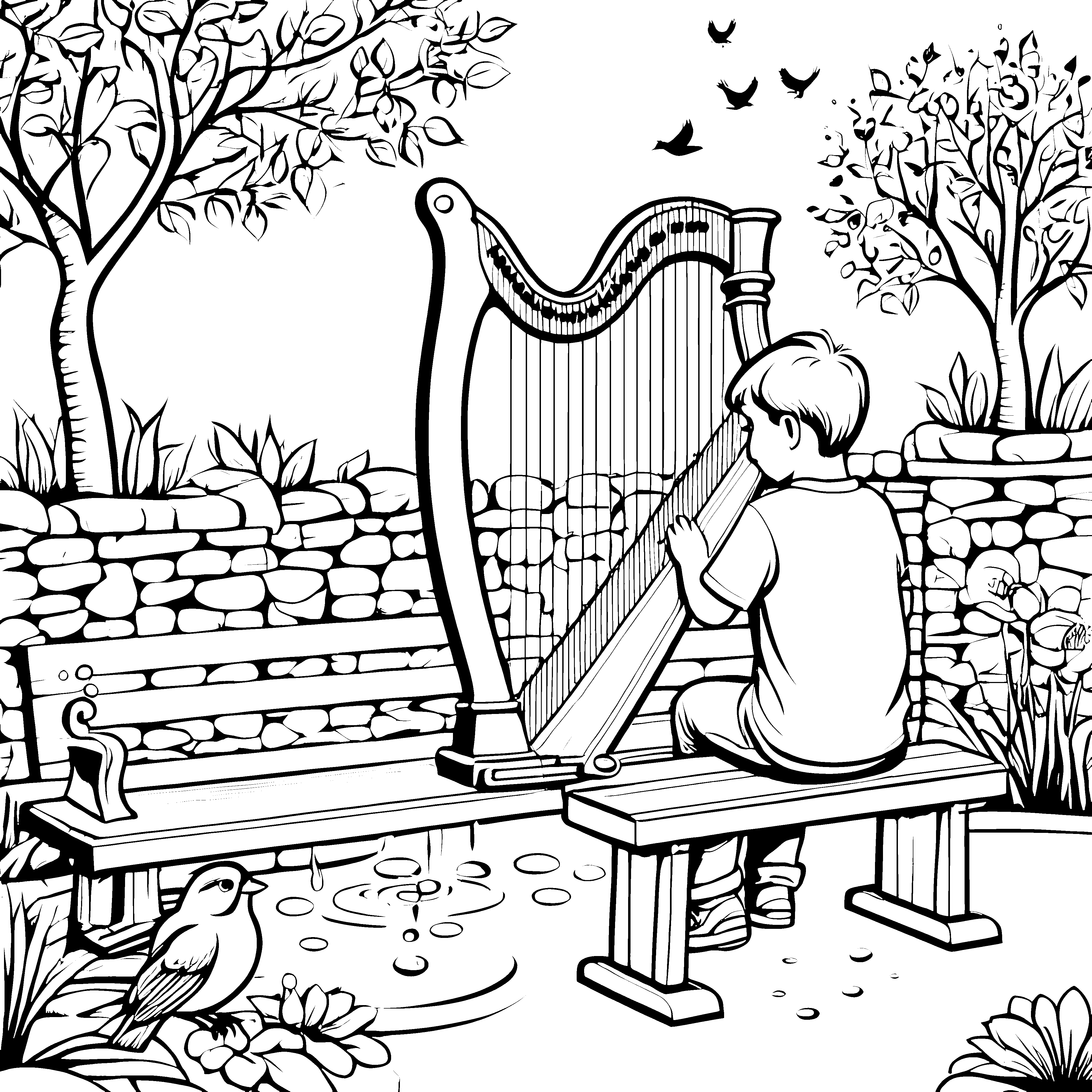 Bezaubernde Harfenklänge im idyllischen Garten Ausmalbild für fantasievolle Musikfreunde