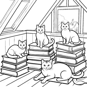 Kluge Katzen forschen auf Bücherstapeln Ausmalvorlage für wissbegierige Tierfreunde