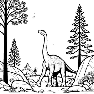 Wunderbarer Brachiosaurus zwischen hohen Bäumen Ausmalvorlage für kleine Entdecker