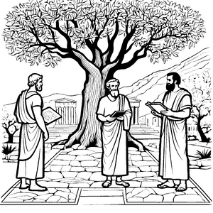 Philosophische Gespräche unter dem alten Baum Ausmalvorlage für wissbegierige Geister