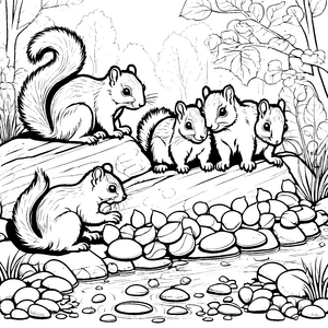 Verspielte Eichhörnchen Babys am plätschernden Bach Ausmalvorlage für neugierige Naturfreunde