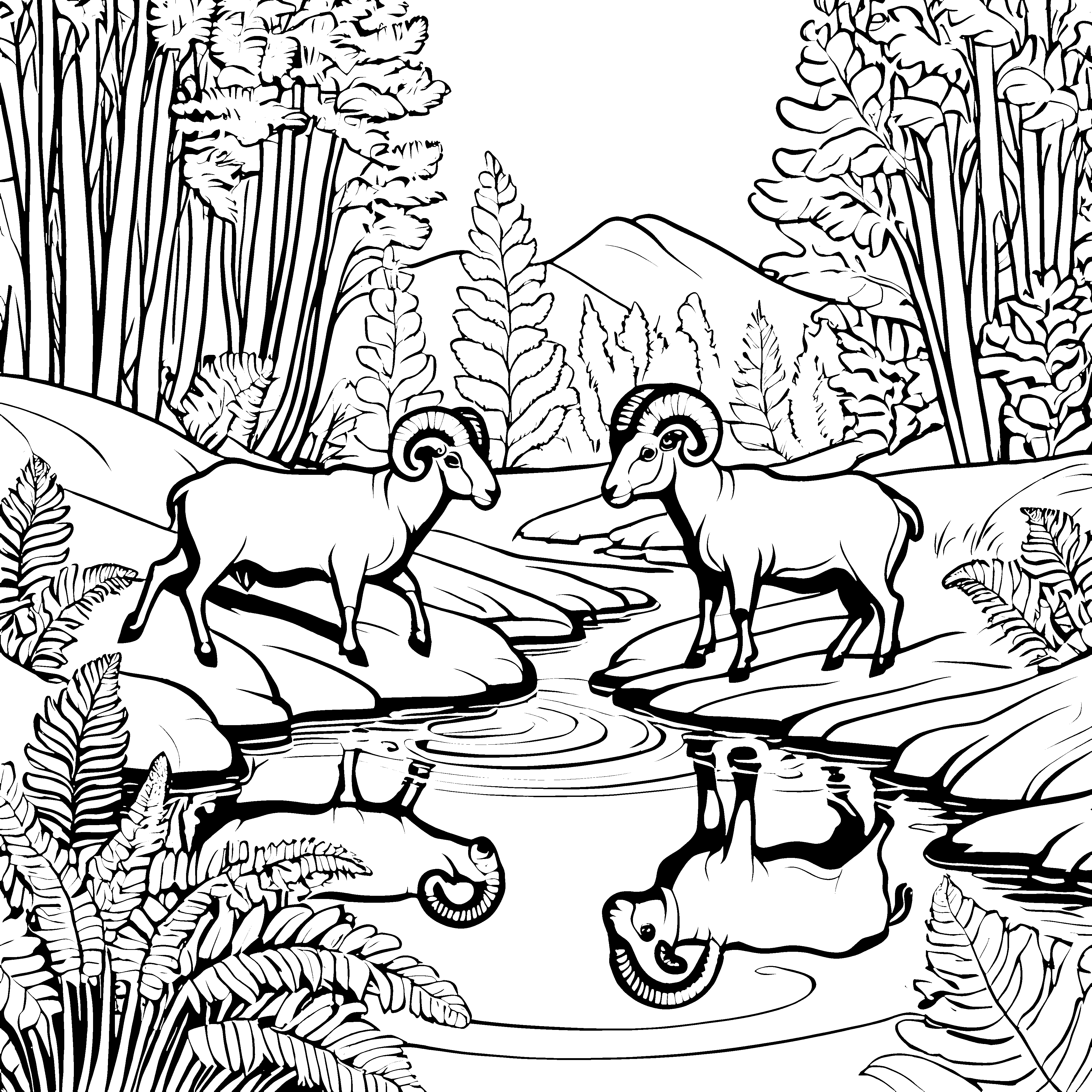 Majestätische Hammel am glitzernden Wasser Ausmalmotiv für kleine Abenteurer