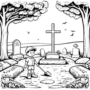 Entdeckungsreise auf historischem Friedhof Ausmalbild für abenteuerlustige Entdecker