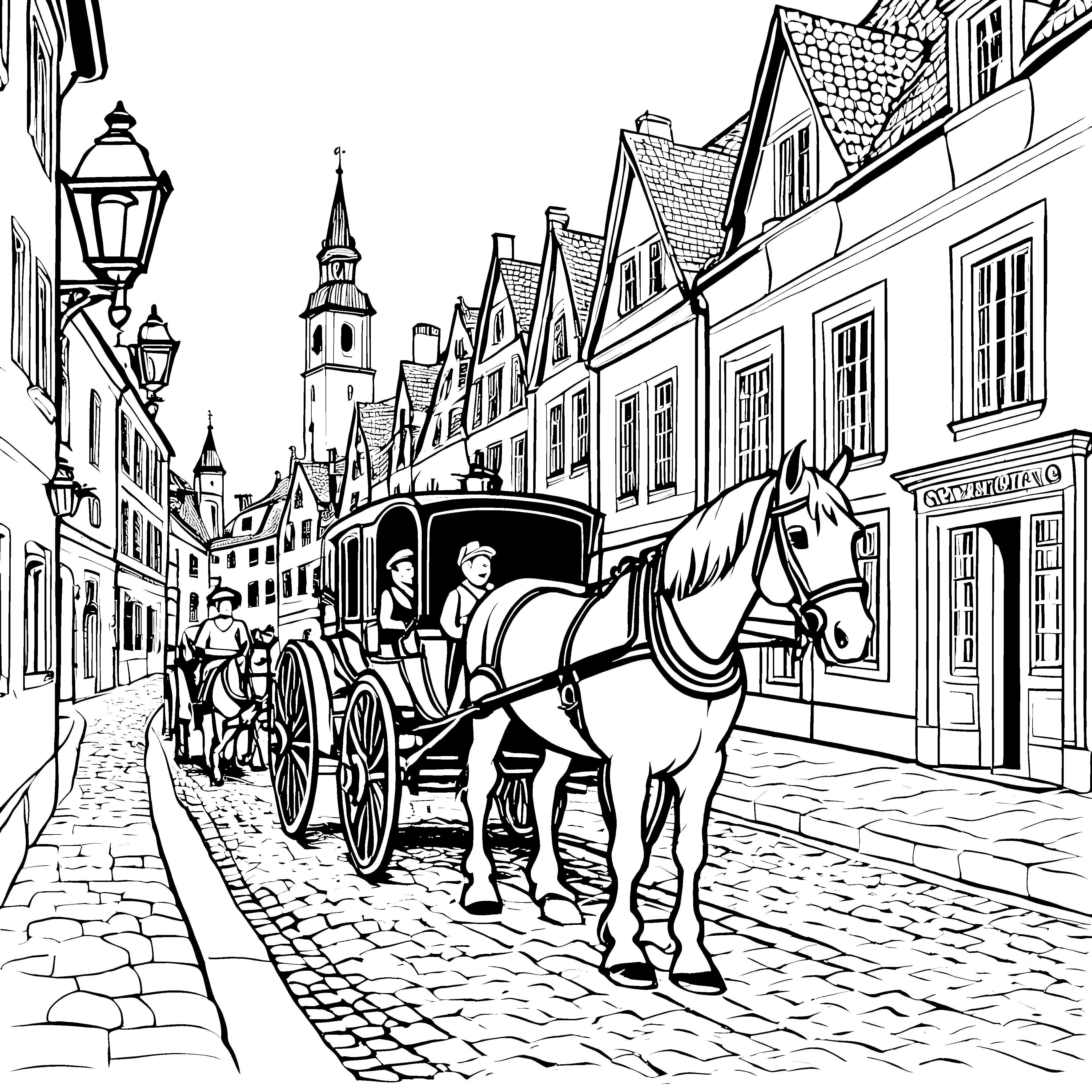 Elegante Kutsche auf der malerischen Gasse Ausmalmotiv für kreative Geschichtenerzähler