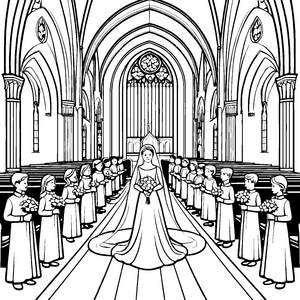 Traumhafte Braut in festlicher Kirche Ausmalbild für fantasievolle Künstler