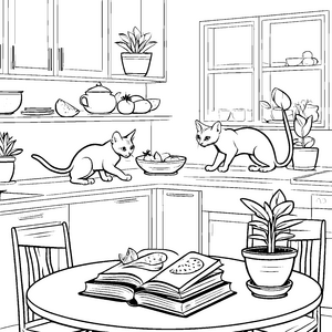 Sphynx Katzen beim Abenteuer in der Küche Ausmalvorlage für kreative Entdecker