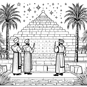 Geheimnisvolle Babylonische Priester vor leuchtender Pyramide Ausmalvorlage für neugierige Geschichtenerzähler