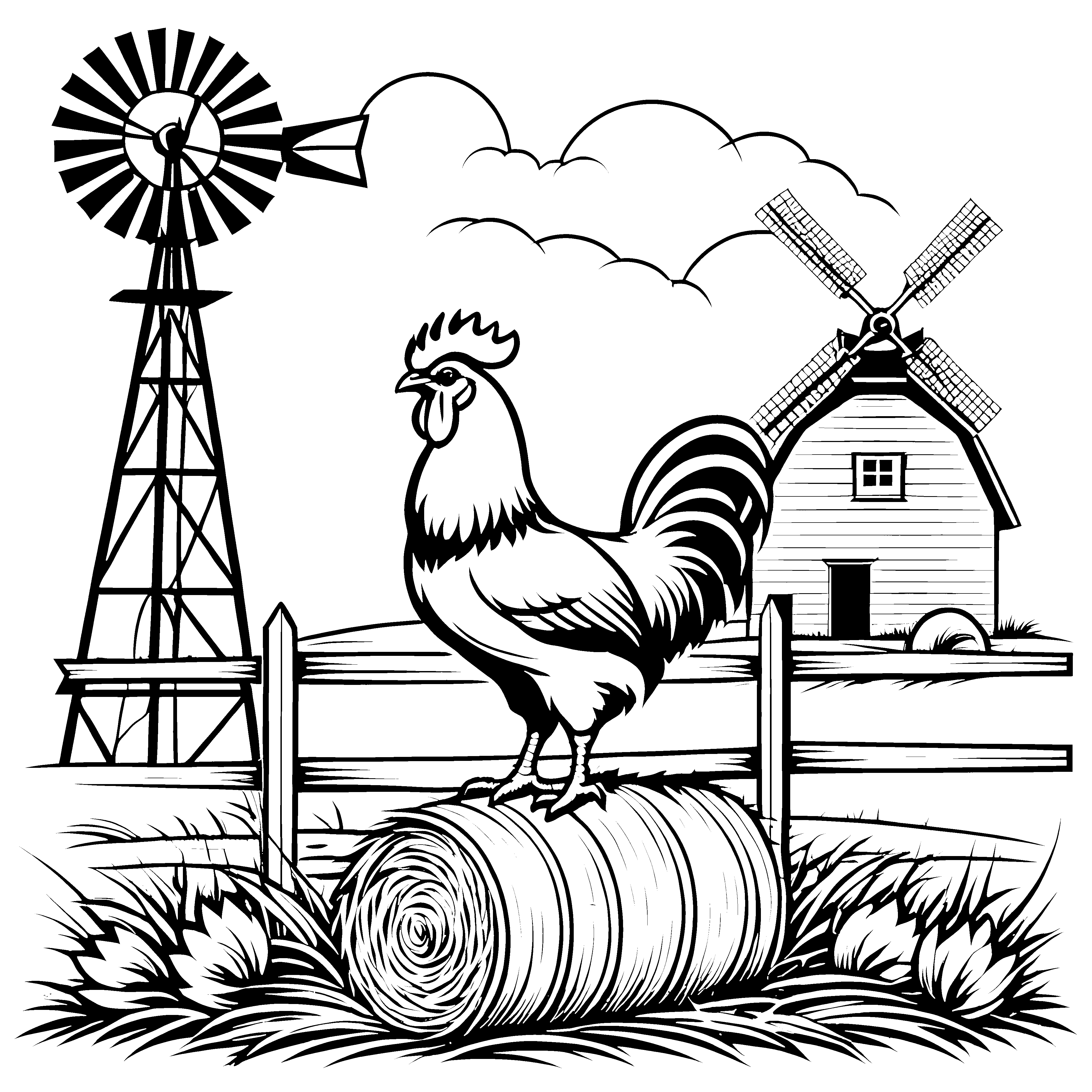 Kraftvoller Hahn auf dem Heuballen Ausmalbild für neugierige Landliebhaber