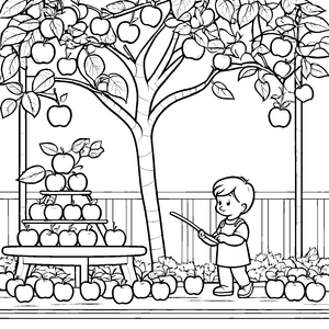 Kreative Apfelernte im bunten Obstgarten Ausmalvorlage für kleine Naturfreunde