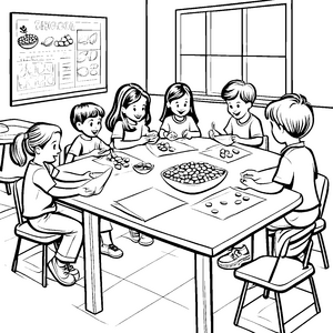 Fröhliche Kinder beim gemeinsamen Edamame-Workshop Ausmalmotiv für kreative Snackliebhaber