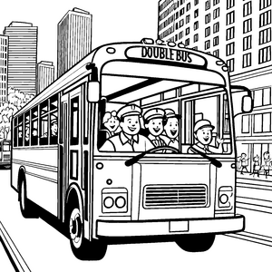 Fröhlicher Doppeldeckerbus mit lachenden Fahrgästen Ausmalbild für neugierige Stadtentdecker