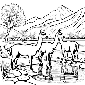 Lamas am glitzernden Wasserlauf Ausmalbild für abenteuerlustige Tierfreunde