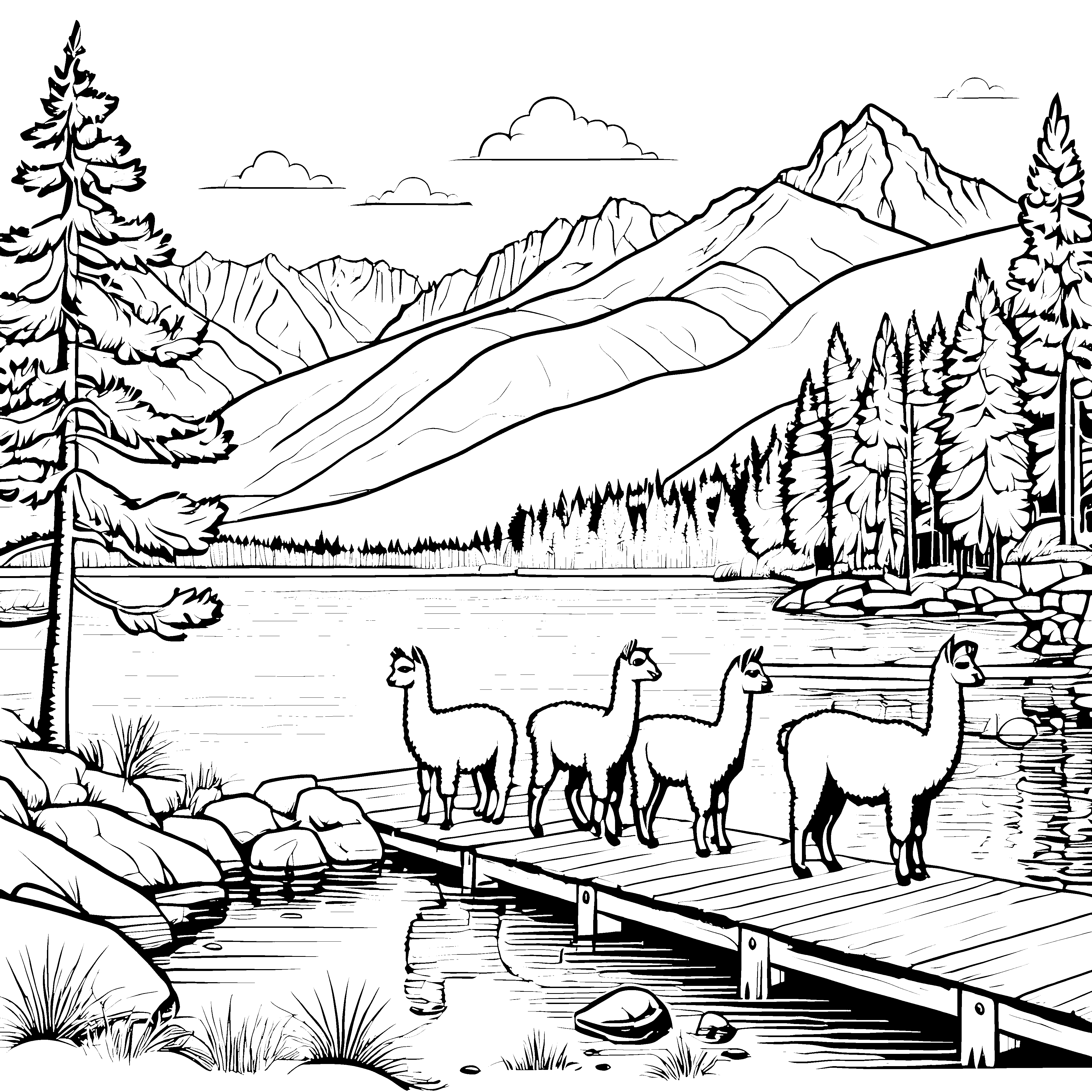 Fröhliche Alpakas auf Holzsteg am See Ausmalbild für abenteuerlustige Naturfreunde