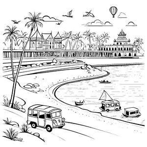 Buntes Tuk-Tuk am Strand mit Palmen Malvorlage für abenteuerlustige kleine Reisende