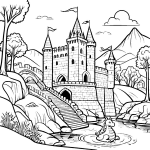 Majestätische Burg mit geheimnisvollem Drachen Ausmalbild für neugierige Abenteurer