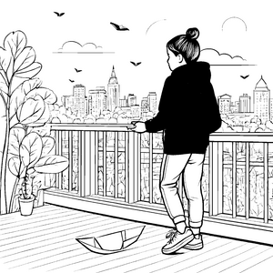 Entspannter Ausblick von buntem Balkon Ausmalvorlage für kreative Stadtabenteurer