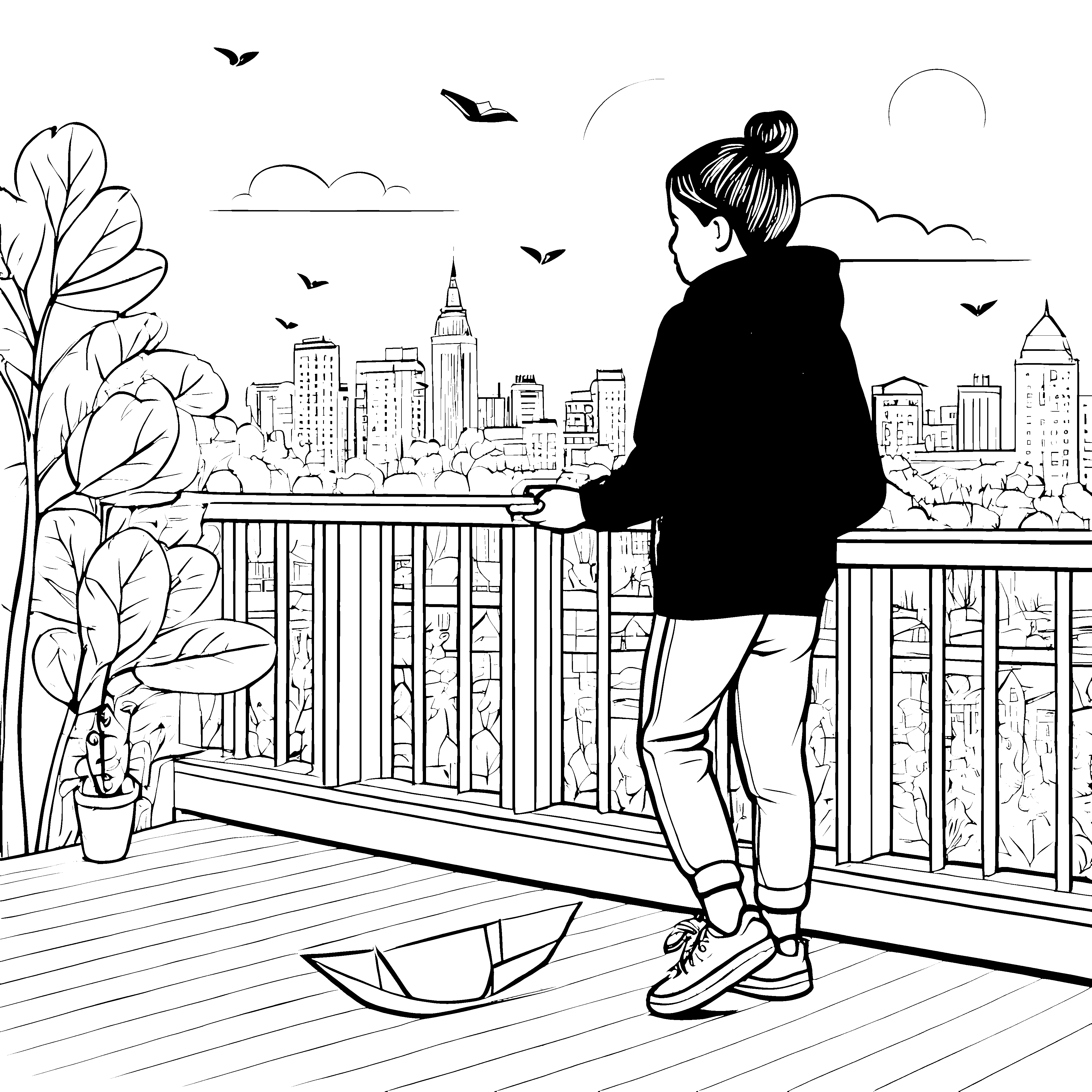 Entspannter Ausblick von buntem Balkon Ausmalvorlage für kreative Stadtabenteurer