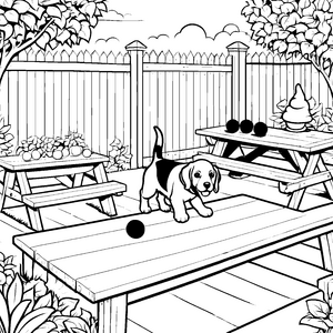 Beagle mit bunten Bällen im Garten Ausmalvorlage für abenteuerliche Tierfreunde
