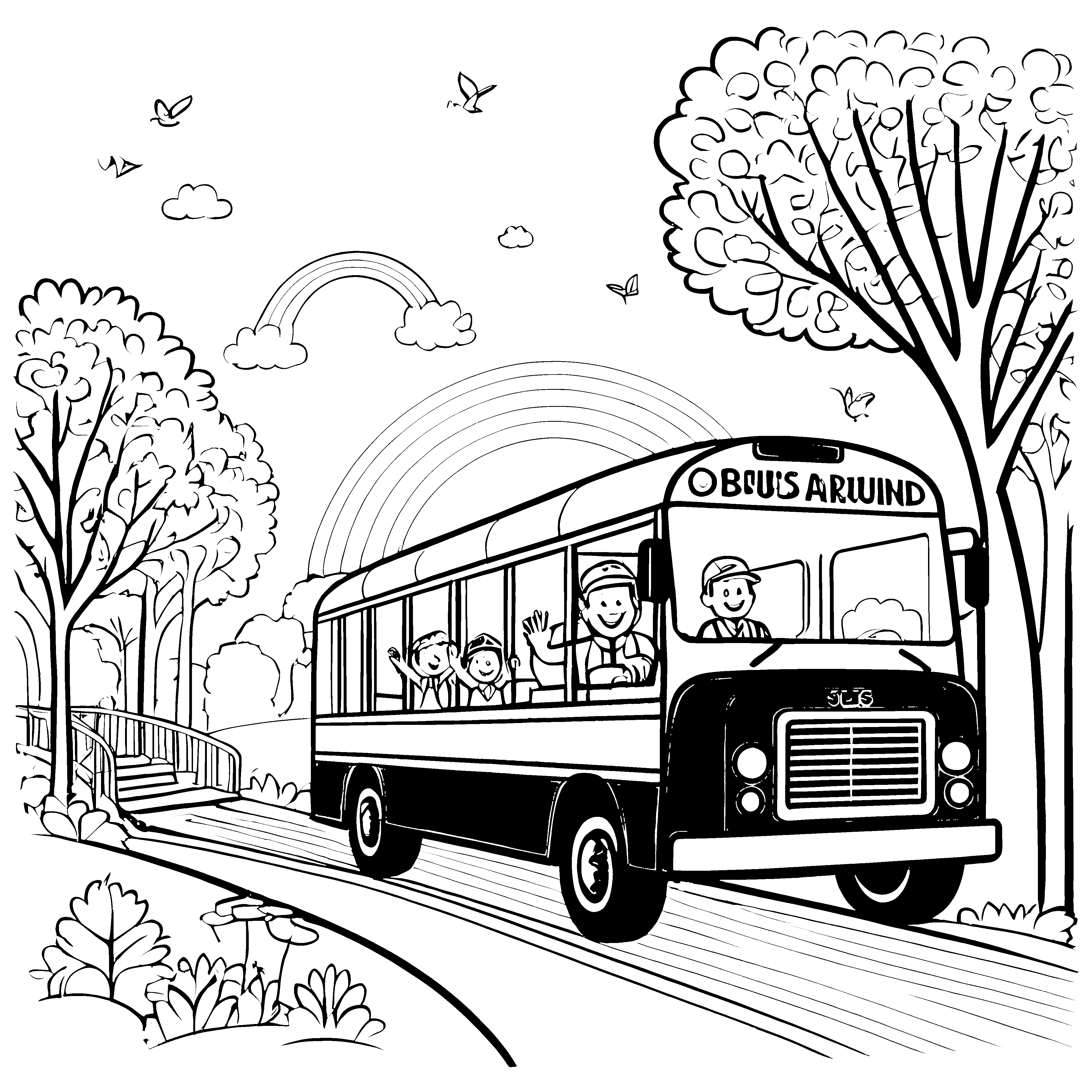 Fröhlicher Bus mit lachenden Kindern Malvorlage für junge Verkehrsfreunde