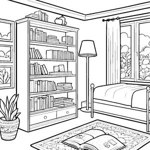 Gemütlicher Bücherschrank in hellem Raum Ausmalmotiv für kreative Leseratten