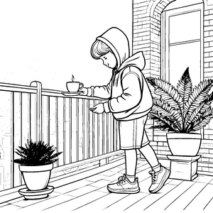 Gemütlicher Balkon mit duftendem Kaffee Ausmalvorlage für kreative Kaffeeliebhaber