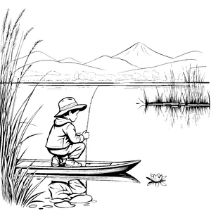 Kleiner Angler auf geheimnisvollem Boot Ausmalbild für abenteuerlustige Wasserfreunde