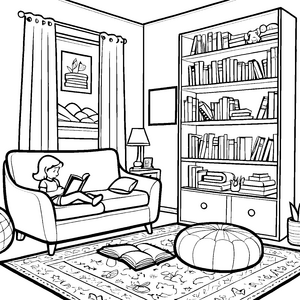 Gemütliches Leseeck mit buntem Bücherschrank Ausmalbild für fantasievolle Bücherwürmer