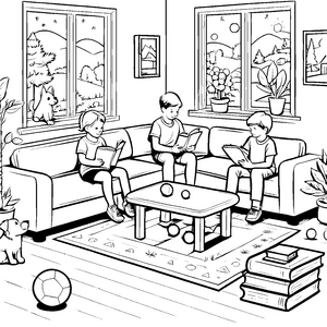 Bequemer Couchtisch in fröhlichem Lese-Setting Ausmalbild für neugierige Bücherfreunde