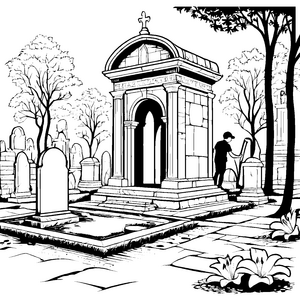 Geheimnisvolle Entdeckungen auf altem Friedhof Ausmalmotiv für kleine Geschichtenerzähler