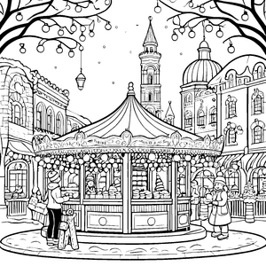 Futuristischer Weihnachtsmarkt mit funkelndem Lichtern Ausmalbild für kleine Festtagsfreunde