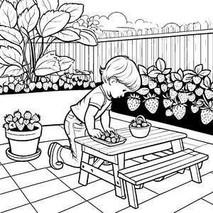 Fröhlicher Junge bei der Erdbeerernte Ausmalbild für kleine Gartenfreunde
