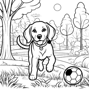 Beagle mit fröhlichem Ball im Abenteuergarten Ausmalmotiv für lebhafte Tierliebhaber