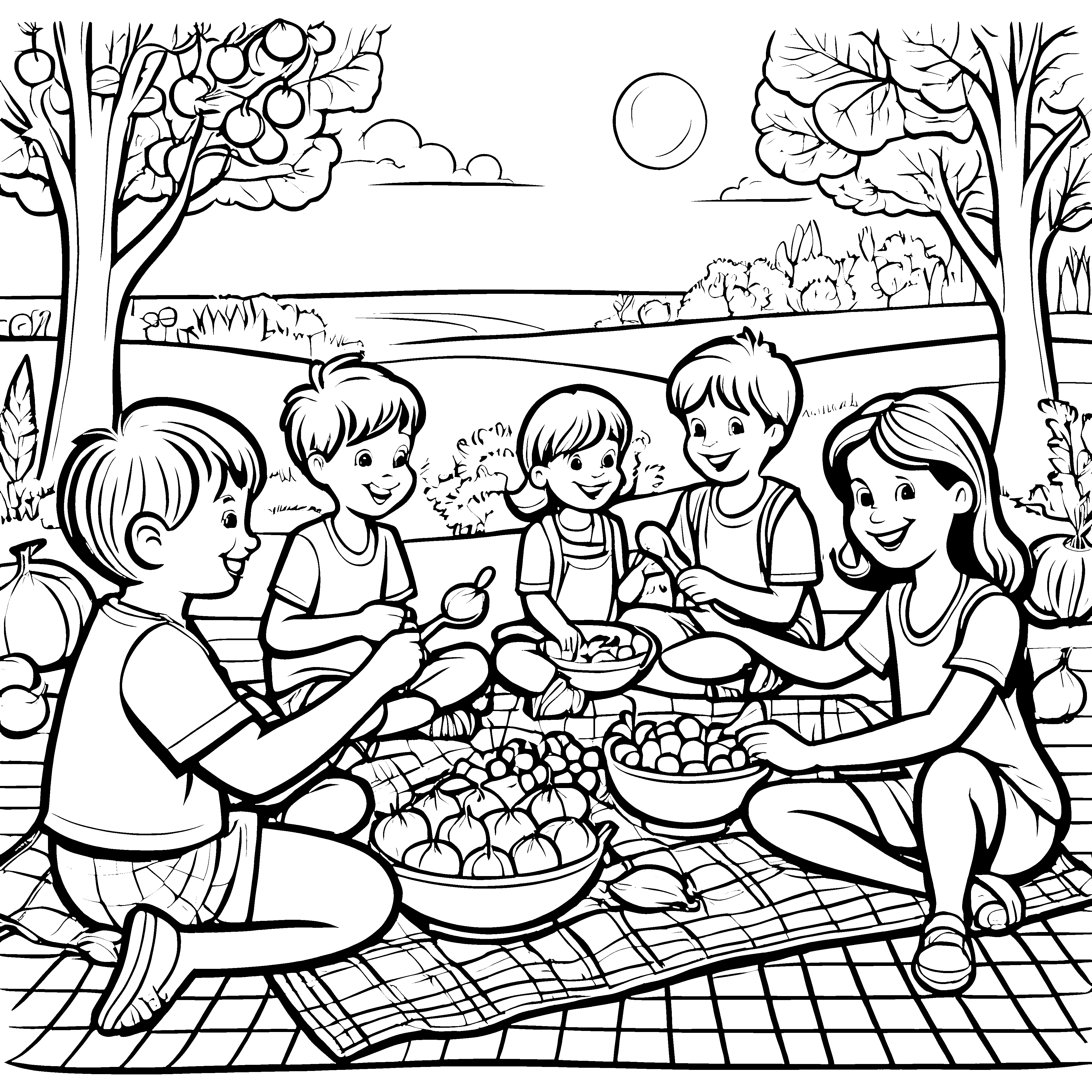 Bunte Zwiebeln im fröhlichen Picknick Ausmalbild für kreative Entdecker