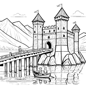 Beeindruckende Burg mit geheimnisvollem Wasserweg Ausmalbild für abenteuerliche Entdecker