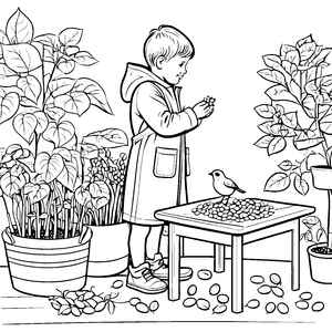 Frohes Kind mit buntem Gemüse im Garten Ausmalbild für kleine Pflanzenfreunde