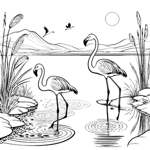 Zwei elegante Flamingos am glitzernden Wasser Ausmalmotiv für fantasievolle Künstler