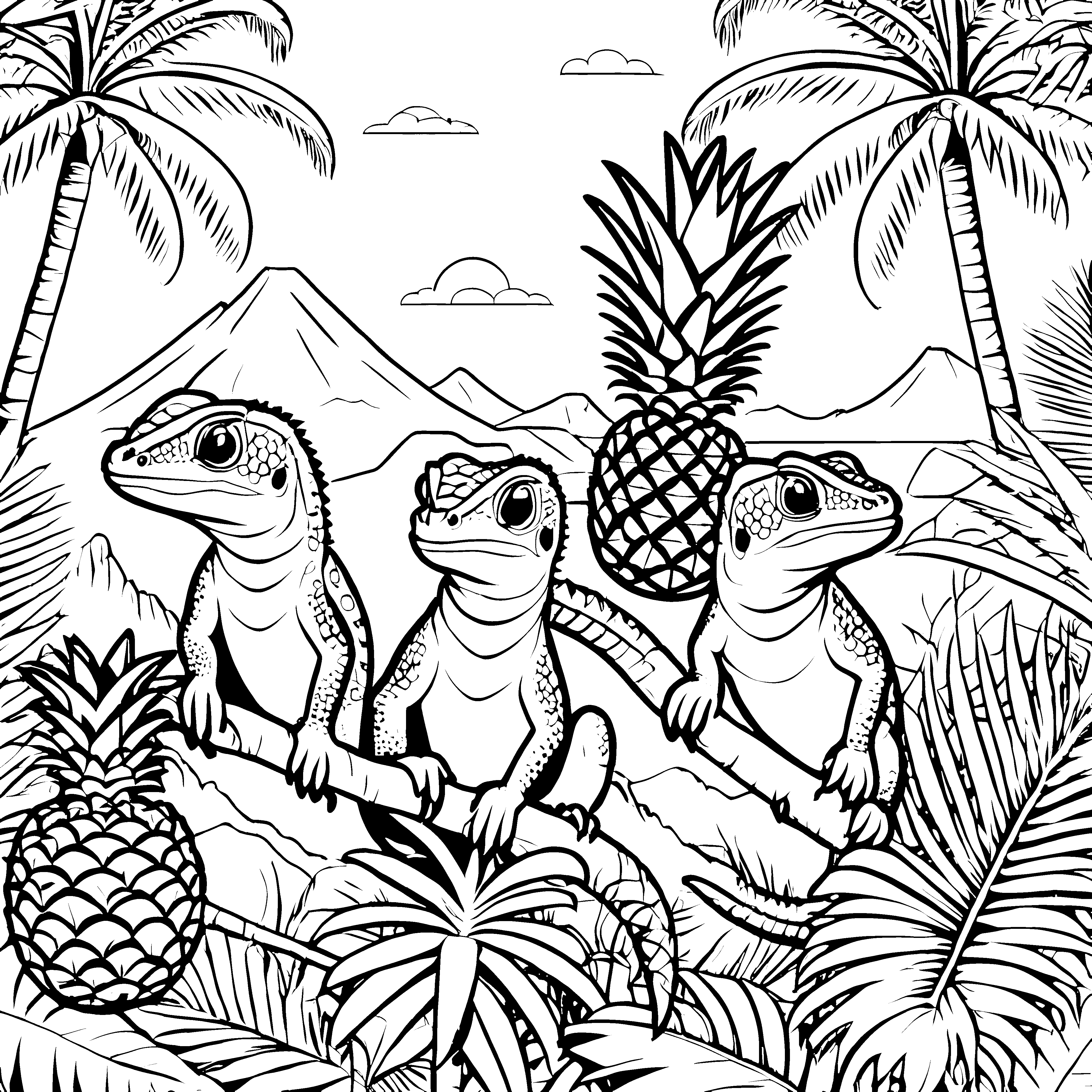 Spannende Chamäleons mit Ananas im Dschungel Ausmalvorlage für kleine Naturentdecker