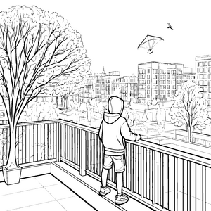 Balkon mit beeindruckendem Ausblick über die Stadt Ausmalvorlage für kleine Entdecker