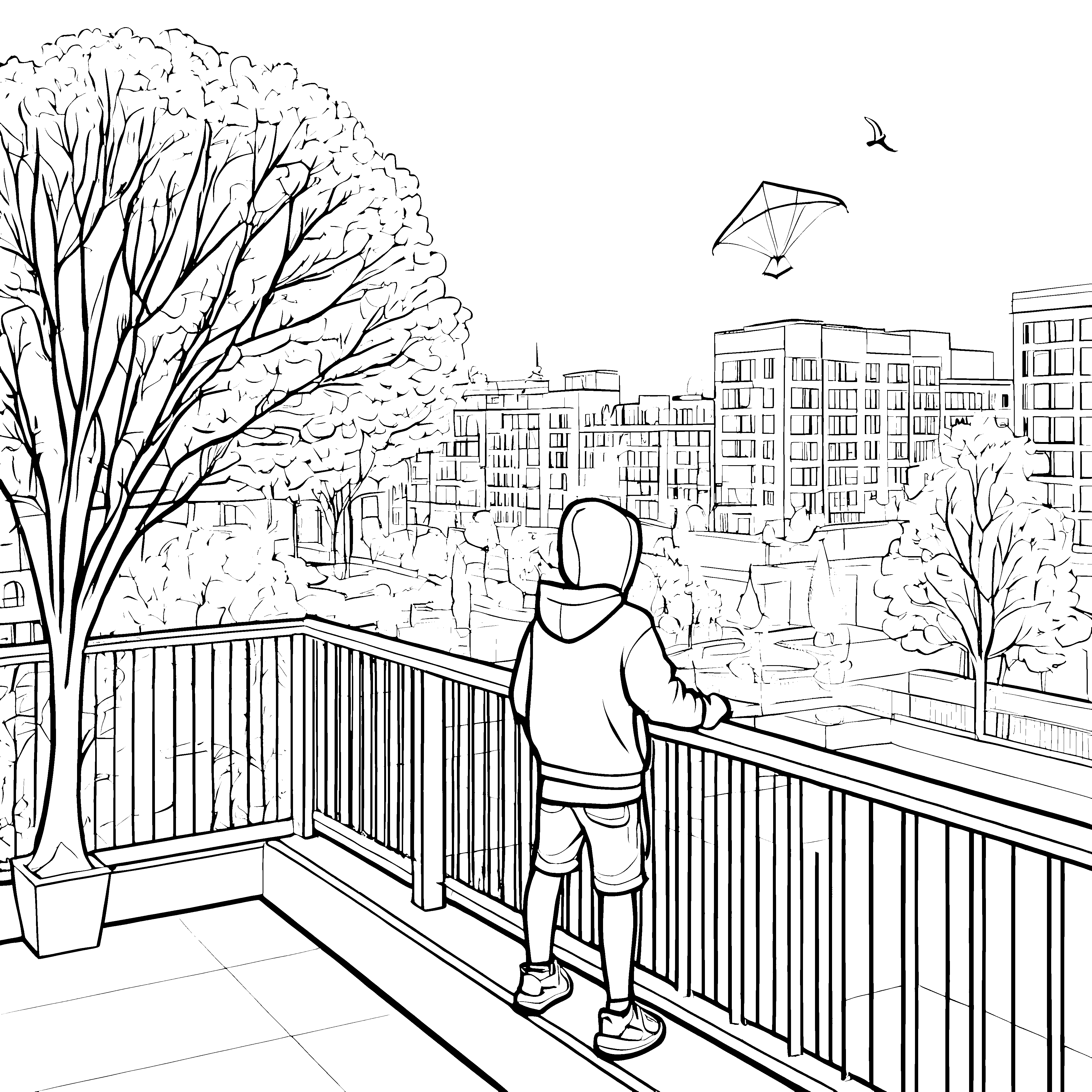 Balkon mit beeindruckendem Ausblick über die Stadt Ausmalvorlage für kleine Entdecker